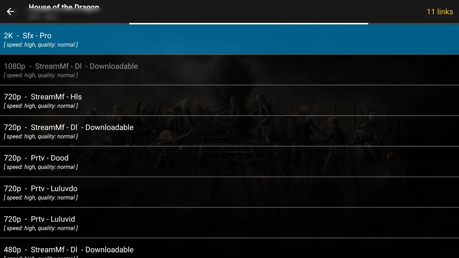 A movie or show open inside CinePlus showing the list of available streaming links sorted by quality