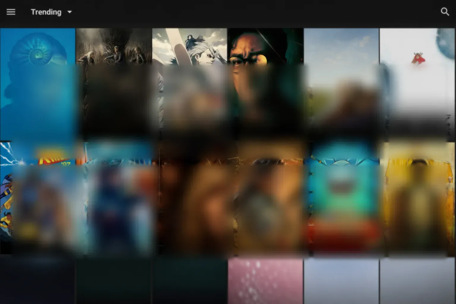 CinePlus home screen on a Fire TV, showing the movie and TV posters, the category rows, and the search bar