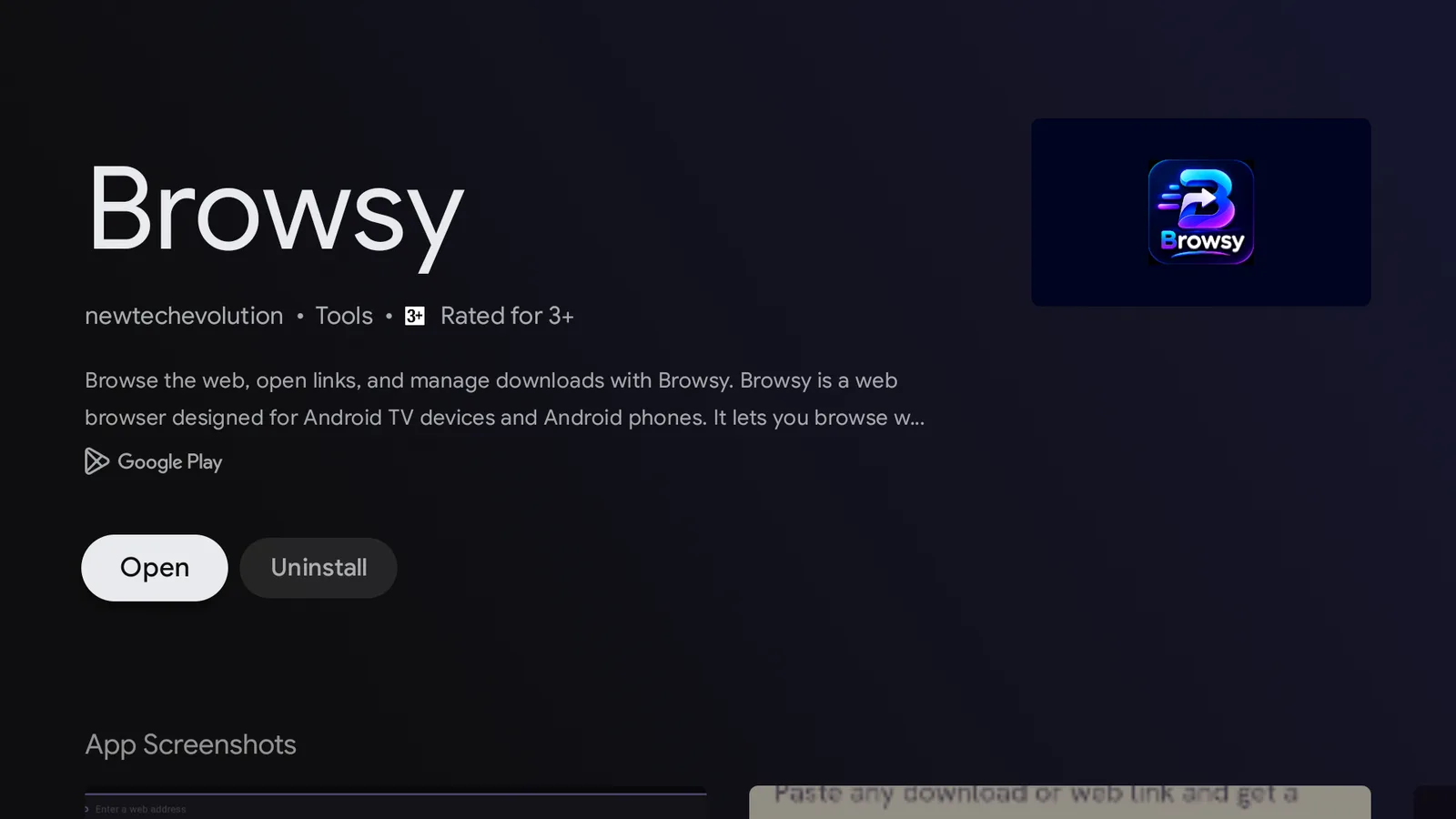 Browsy on the Google Play Store on an ONN TV with the Install button highlighted