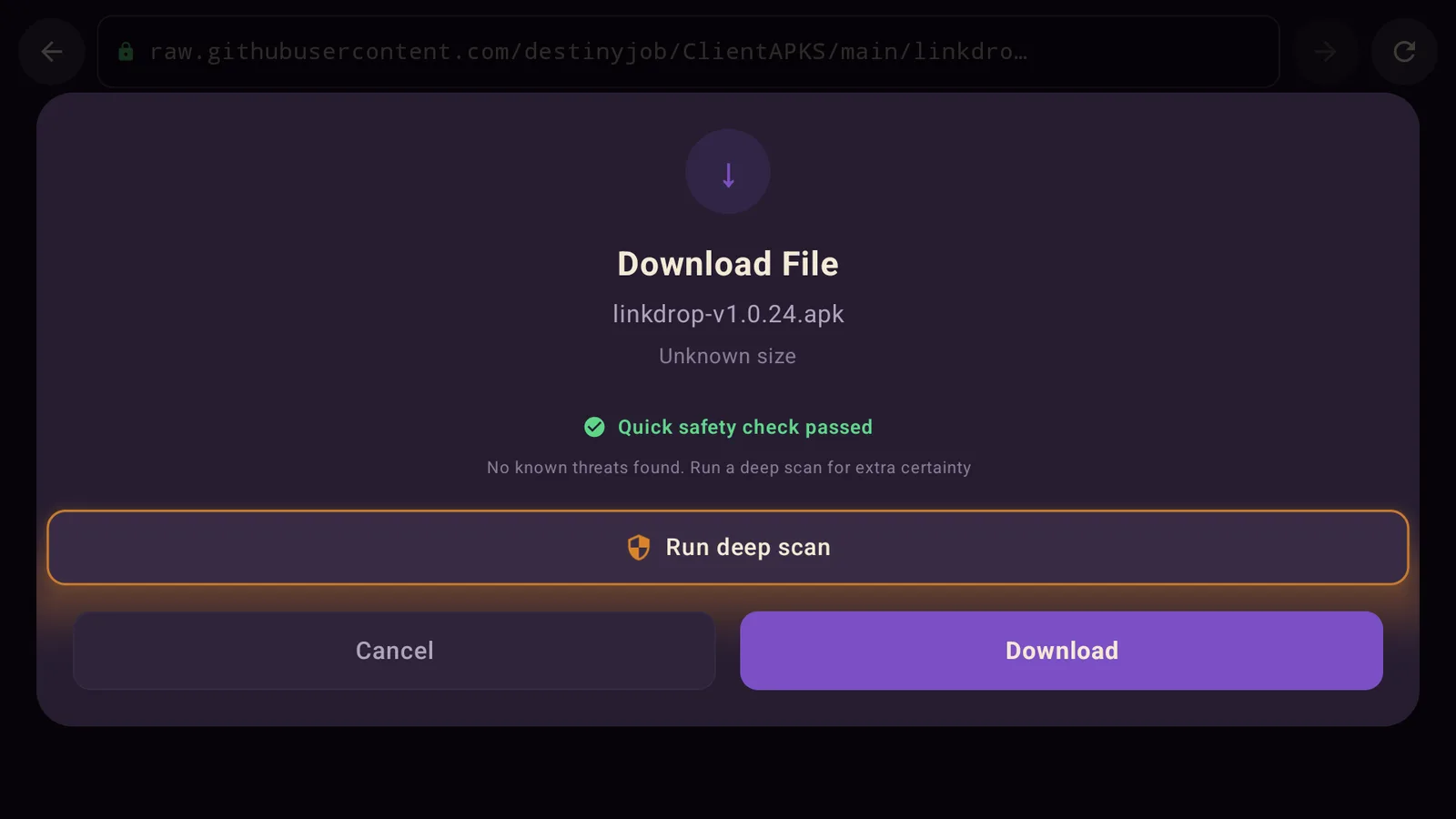 Browsy showing the Deep scan option on an app before the Install button