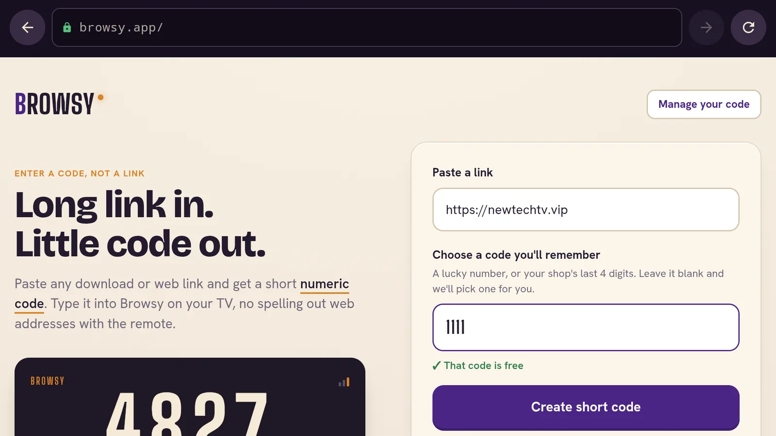 The Browsy.app dashboard showing a custom code being created and the link it points to