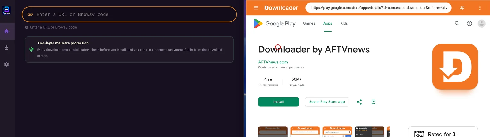 Browsy and Downloader shown side by side on a TV screen for comparison