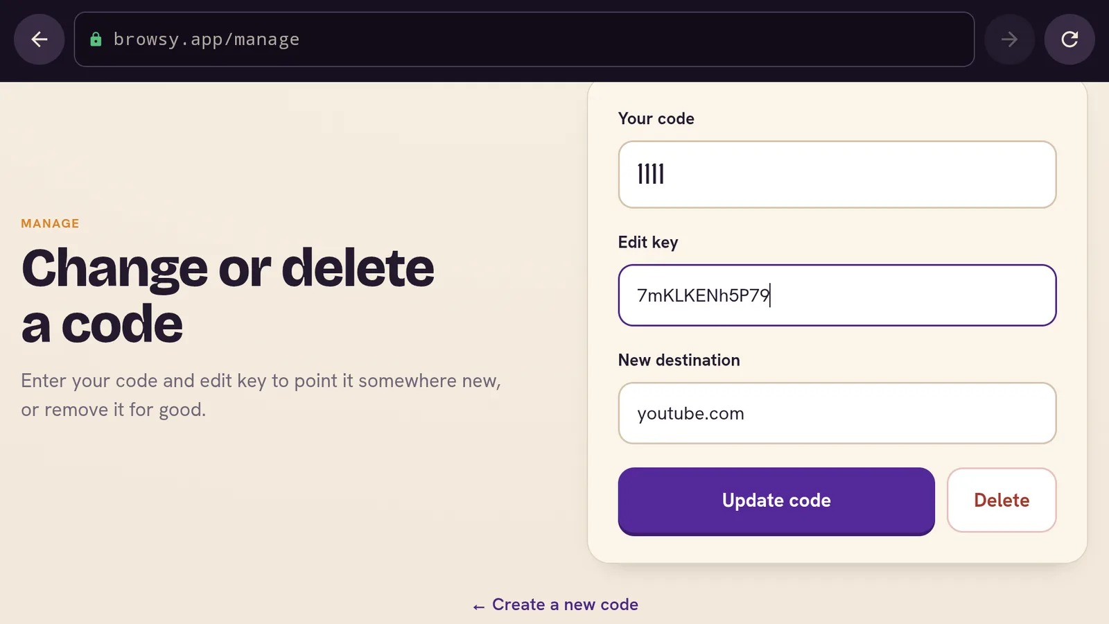The Browsy.app dashboard showing a custom code and the link attached to it being changed