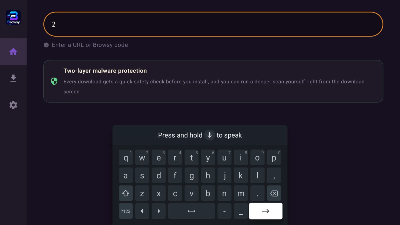 The clean Browsy code screen with a single number entered