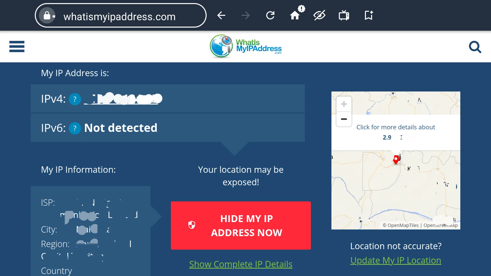 A 'what is my IP' web page on your phone showing your real IP address, city, and internet provider, the info a VPN hides