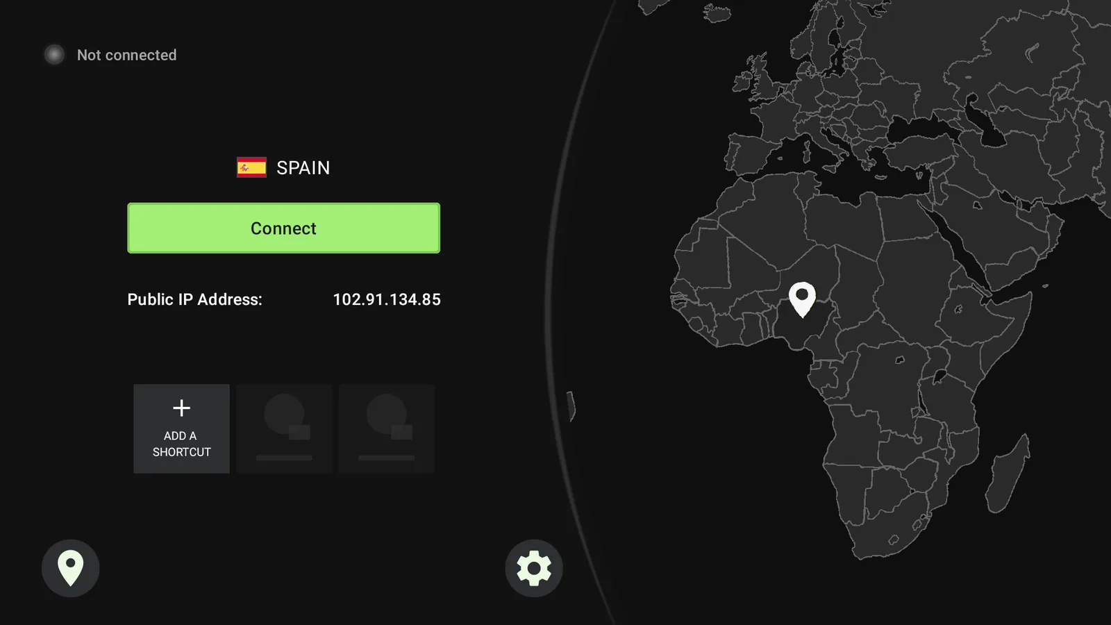 The IPVanish app open on a Fire Stick showing the big Connect button and the server list