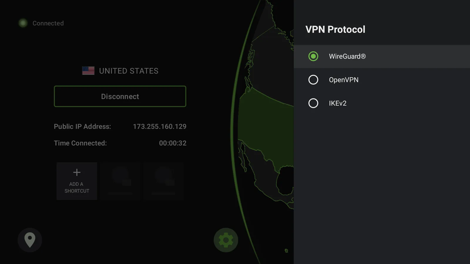 The IPVanish protocol screen with WireGuard selected