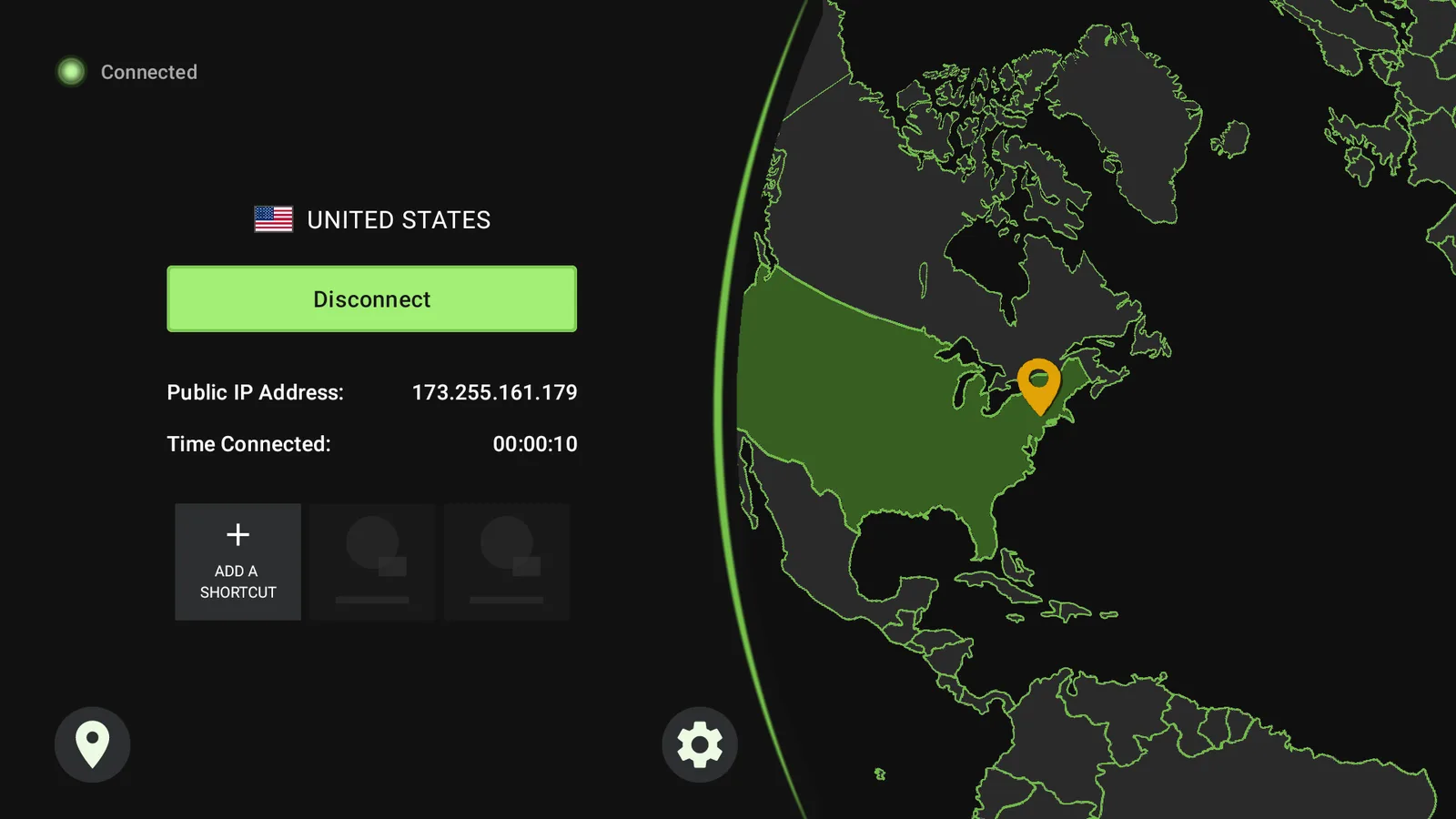 The IPVanish app connected on a Fire Stick with a fast nearby server selected