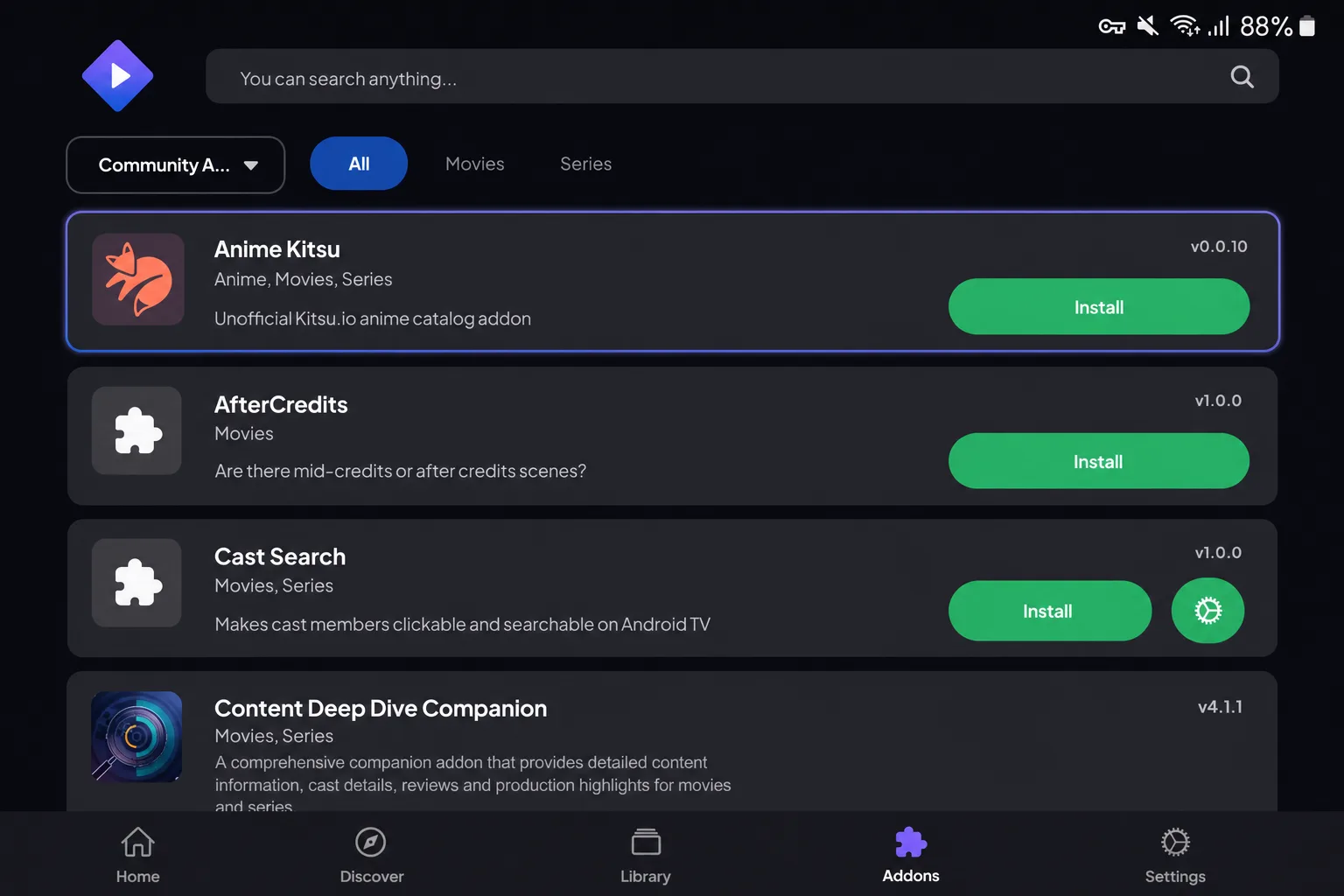The Stremio Add-ons screen showing the Community Add-ons list with Install buttons