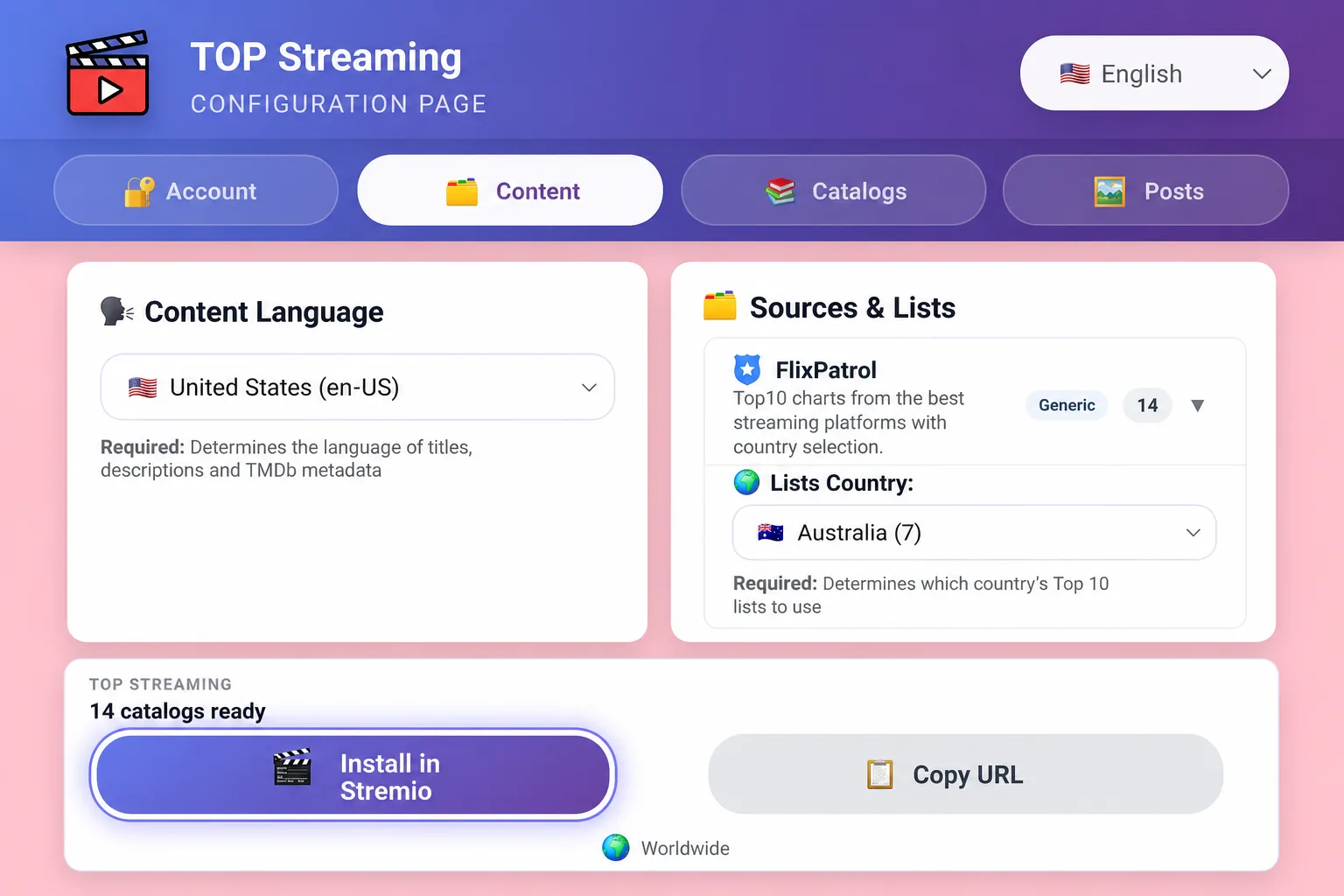 The Top Streaming configure page at top-streaming.stream/configure with the Install button