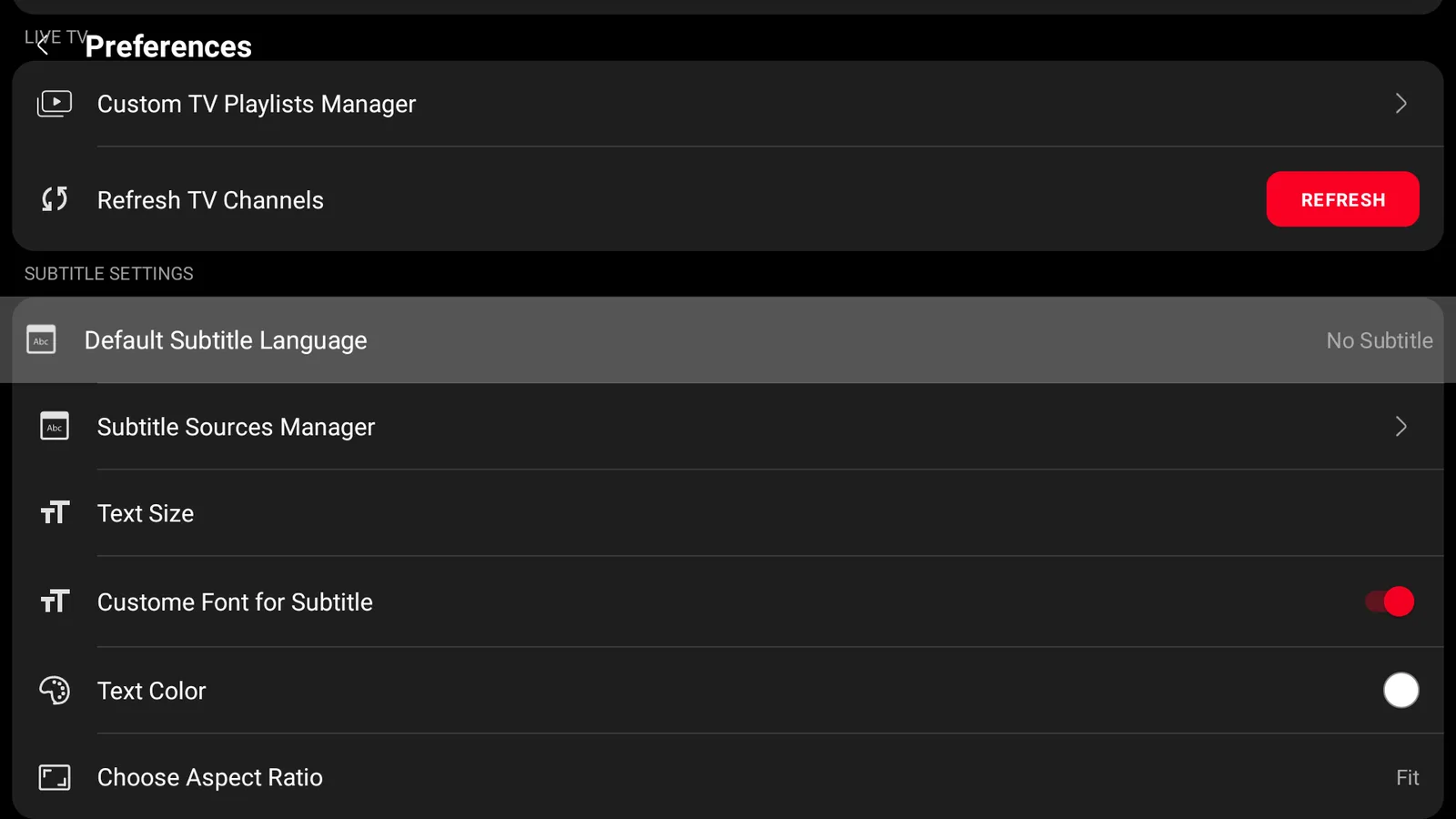 The Reezn preferences screen showing source selection and subtitle options