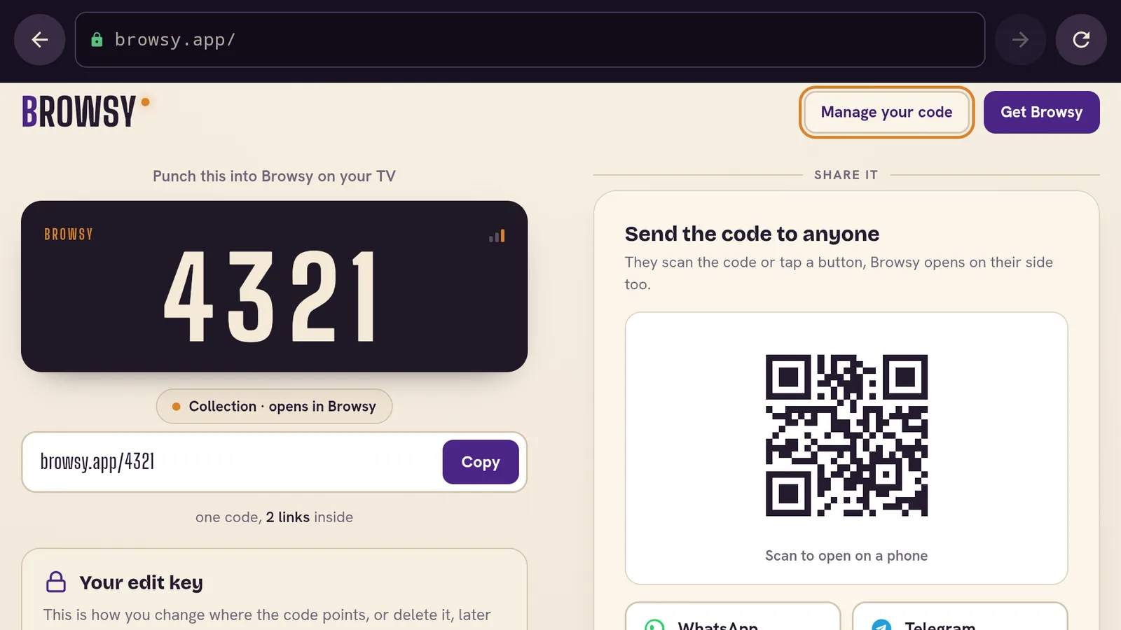 a code page on browsy.app showing the Type this into Browsy on your TV message and the QR code