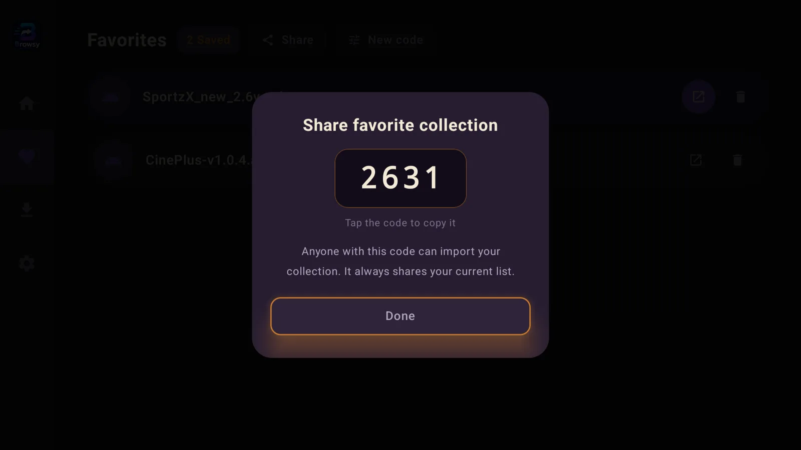 Browsy app share screen showing the generated short code for a favorites list