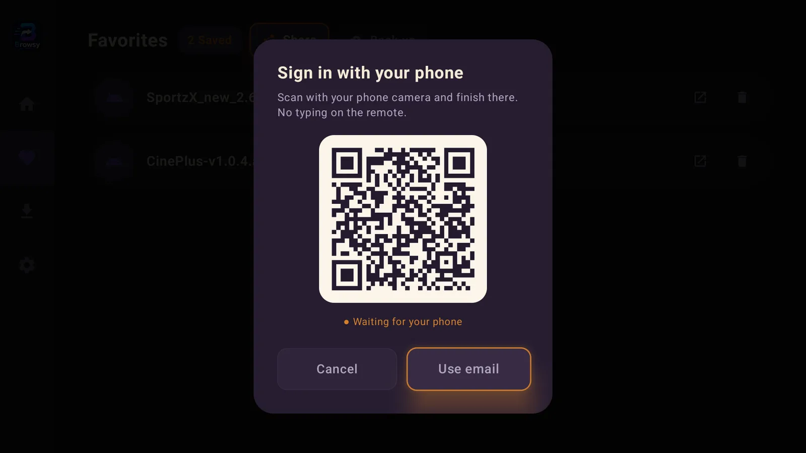 Browsy sign-in screen on a TV showing the QR code to scan