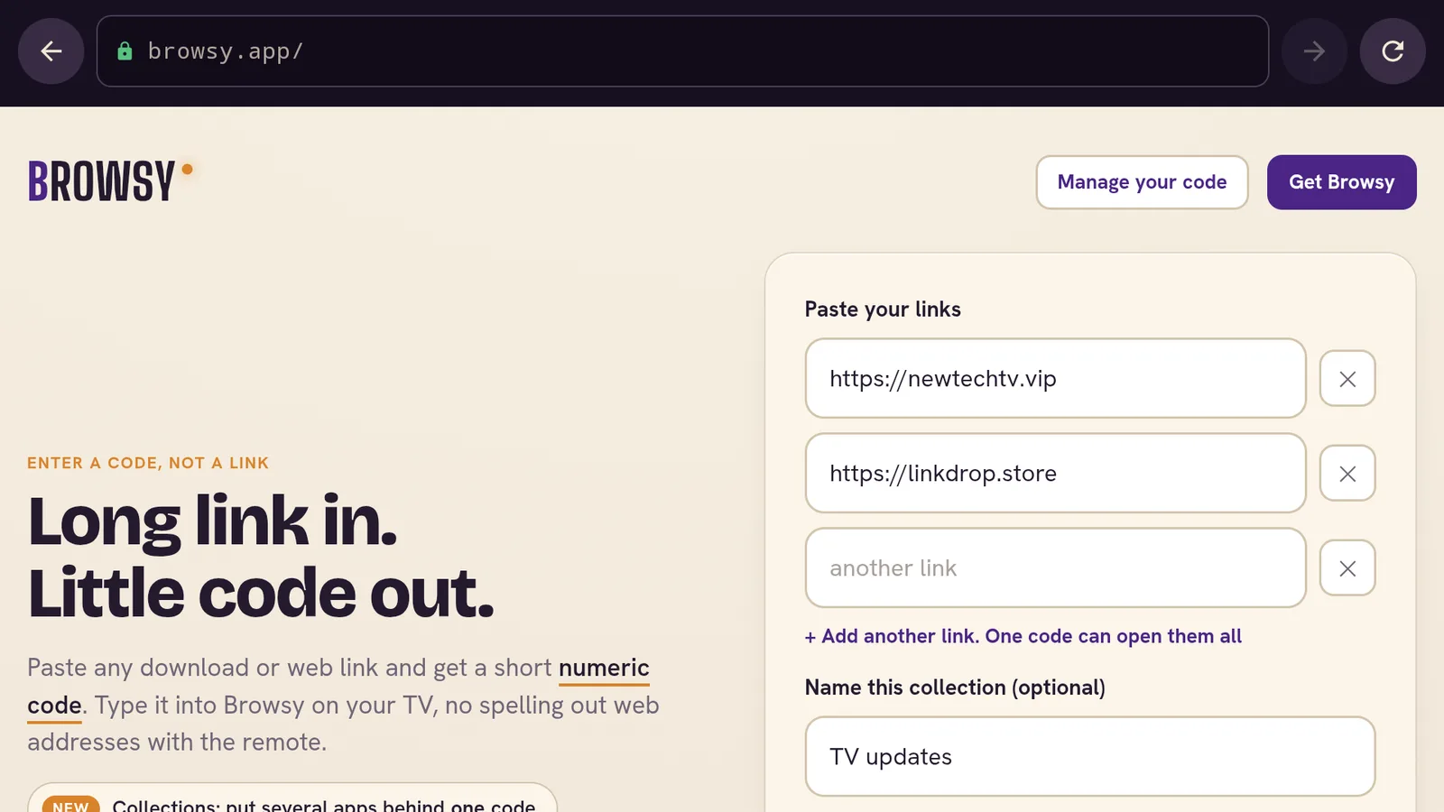 browsy.app homepage code maker with several links added and a collection name filled in