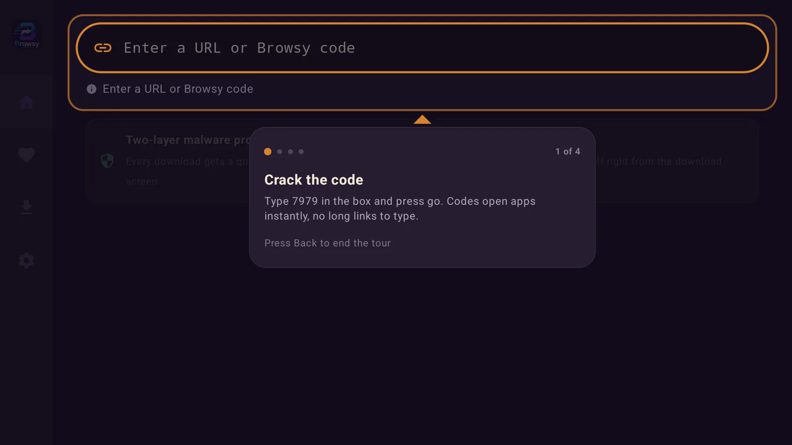 first screen of the new user tour in the Browsy app